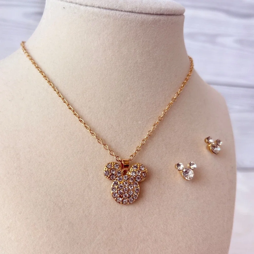 Mickey Mouse Rhinestone Necklace‎ and Earring Set Gold Tone Jewelry